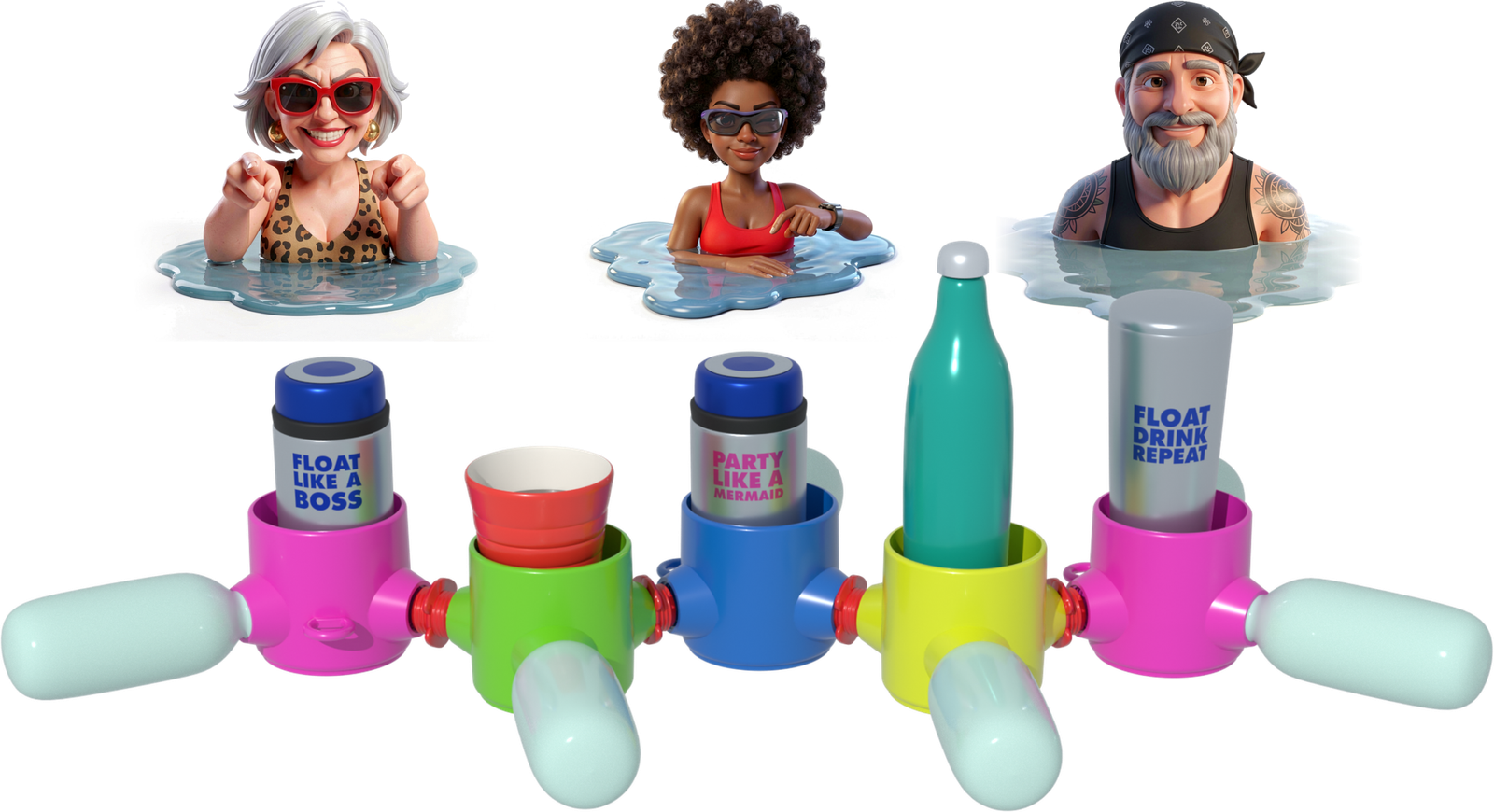 Friends floating behind a long Floatilla of connected Thirst Mates