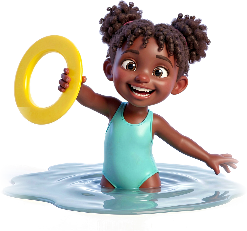A girl in the pool holding a flat ring toss ring up