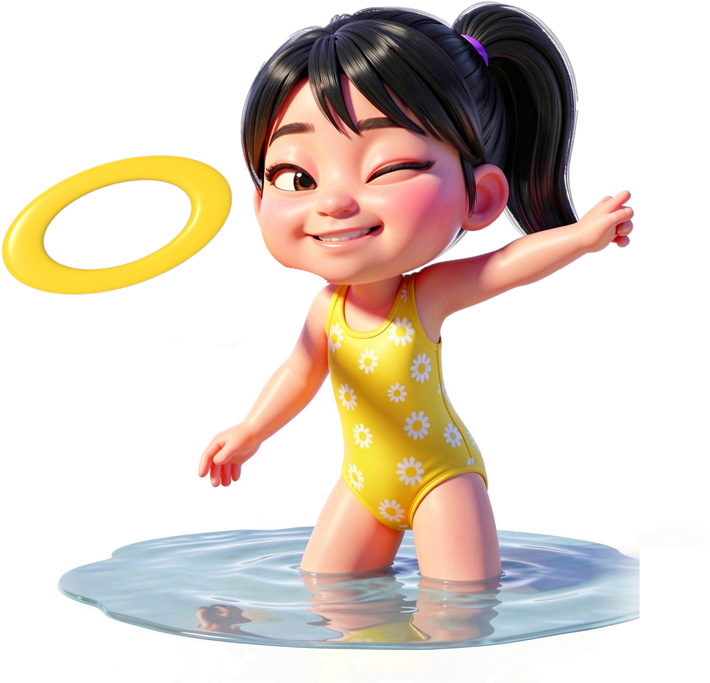 A girl in a yellow swimsuit flinging a flat ring toss ring
