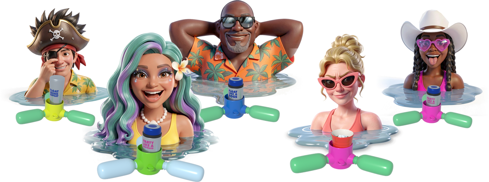 Friends floating in the pool, each with their own Thirst Mate drink in front